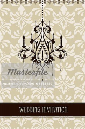 vector vintage wedding invitation with seamless floral ornament and chandelier,fully editable file,  seamless pattern in swatch menu, standart AI font