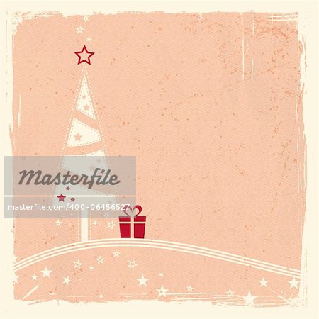 Illustration of a stylized Christmas tree with present on top of wavy lines with stars on pale rose textured grunge background. Space for your text.