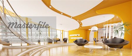 Interior design  of modern apartment living room hall panorama 3d render