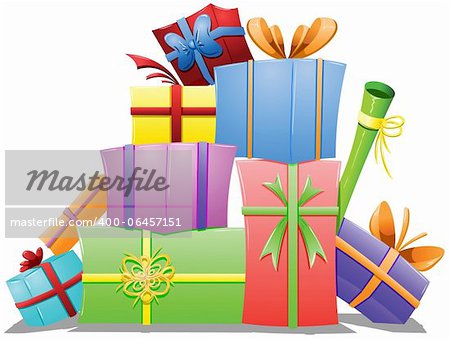 A vector illustration of a pile of gift boxes wrapped for the holidays.
