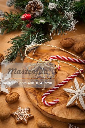 Christmas nut and chocolate cookies with candy cane