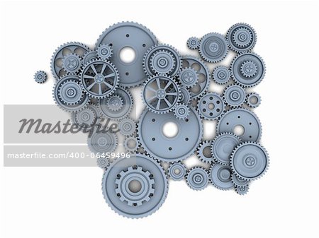 Many industrial gears over white background