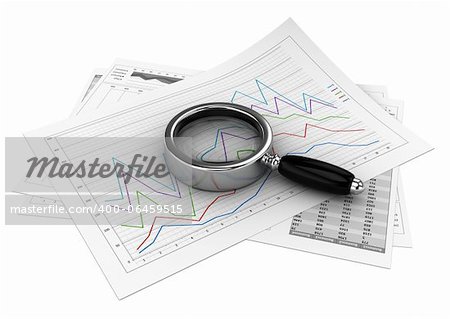 Business documents with magnifying glass over white background