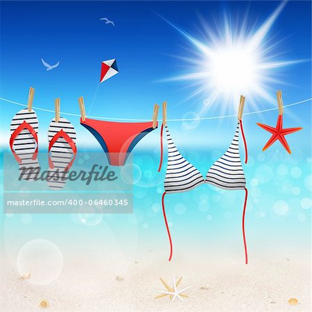 Hanging swimsuit and flip flops on seascape background. Vector illustration.