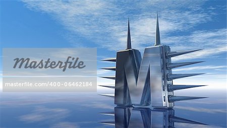 letter m with metal prickles under cloudy sky - 3d illustration