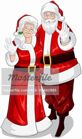A vector illustration of Santa and Mrs Claus standing hugged and waving their hands for Christmas.