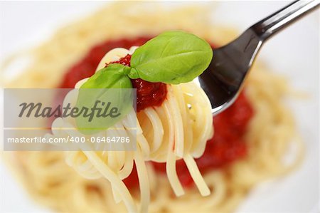 Spaghetti with tomato sauce and basil on a fork