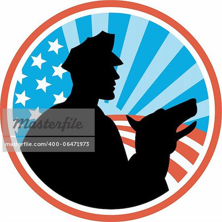 Illustration of a policeman security guard with police dog with American stars and stripes set inside circle done in retro style.