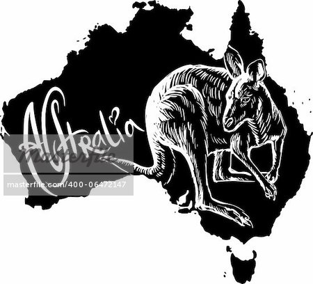 Kangaroo on map of Australia. Black and white vector illustration.