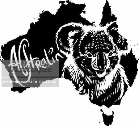Koala (Phascolarctos cinereus) on map of Australia. Black and white vector illustration.
