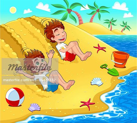 Twins are playing on the beach. Vector and cartoon illustration.