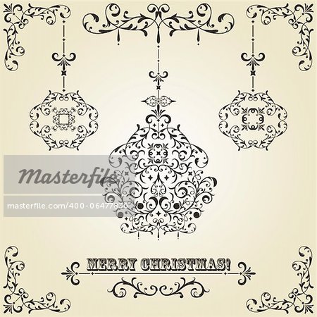 vector vintage Christmas greeting card with highly detailed fir tree balls on gradient background and vintage floral frame, fully editable eps 8 file, standart AI font
