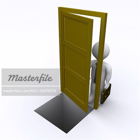 3d businessman is opening a door that has a gap behind it