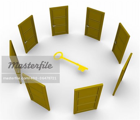 Many 3d doors around a golden key