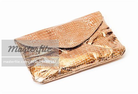 Shiny gold evening bag with a textured surface and classical clutch design on a white background