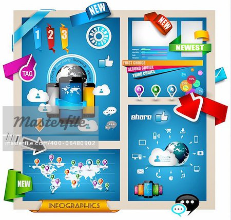 Infographic with Cloud Computing concept - set of paper tags, technology icons, cloud cmputing, graphs, paper tags, arrows, world map and so on. Ideal for statistic data display.