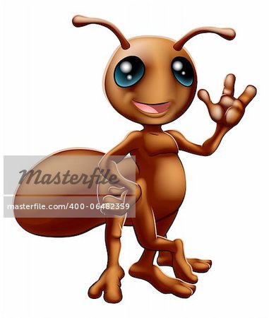 Illustration of a happy cute cartoon ant mascot waving