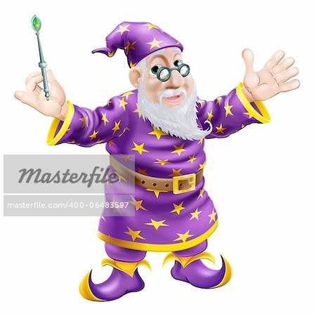 A cartoon cute friendly old wizard character holding a wand
