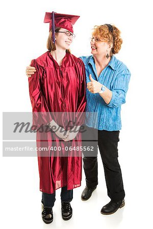 Proud mother giving her daughter a thumbs up on the day of her graduation.  Full body Isolated on white.