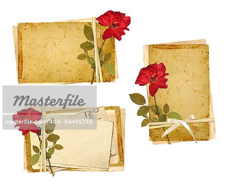 Set of old cards and dried rose for scrapbooking design. Object isolated over white