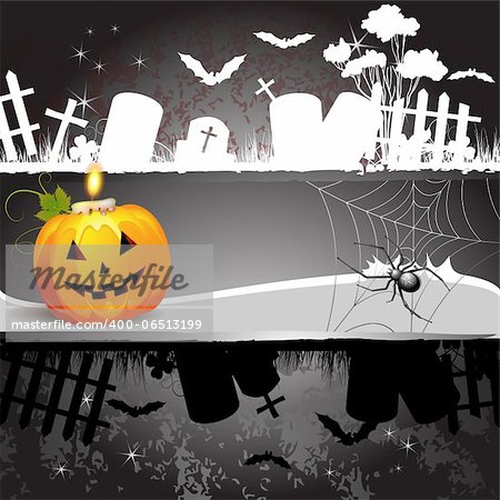 Halloween card design with pumpkin and cemetery