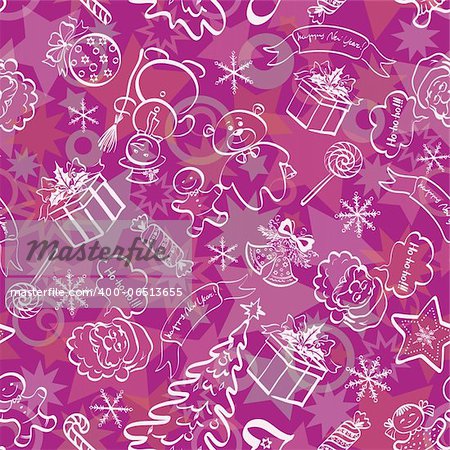 Christmas cartoon seamless background for holiday design, white contours on lilac. Vector eps10, contains transparencies