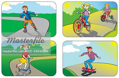 Children riding different vehicles and equipment, vector illustration