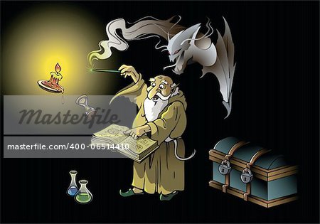 A wizard summoning ghostly demon, casting spells with magic wand, vector illustration