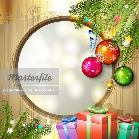 Wood background with Christmas balls and gifts