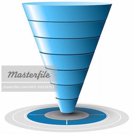 Conversion or sales funnel easily customizable, from 1 to 7 levels plus on target, vector graphics. Blue tones.