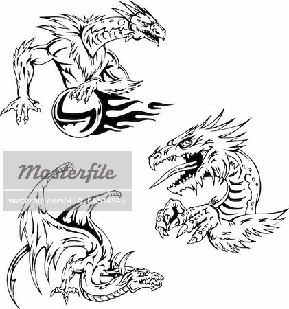 Dragon tattoo designs. Set of vector illustrations.