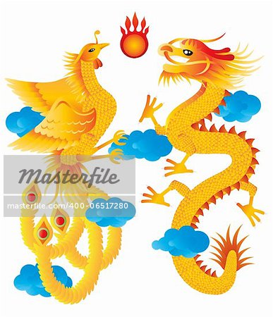 Dragon and Phoenix Symbols for Chinese Wedding with Flaming Ball Blue Clouds Illustration Isolated on White Background
