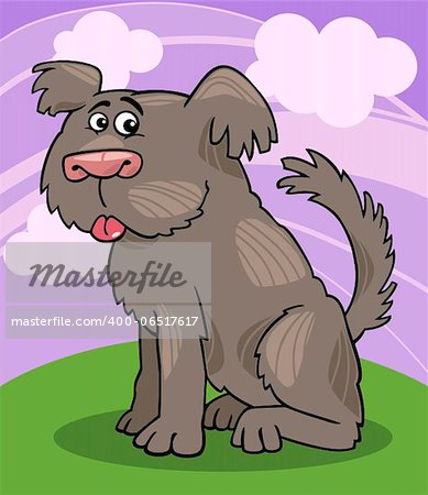 Cartoon Illustration of Funny Shaggy Sheepdog or Bobtail Dog against Sky with Clouds