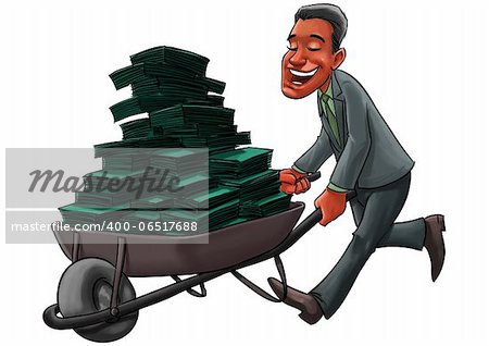 young Business man carrying a cart with a lot of money in cash