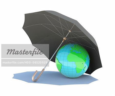 The planet is covered with a black umbrella. Isolated render on a white background