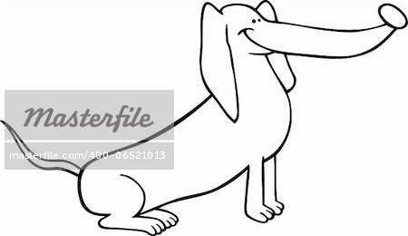 Black and White Cartoon Illustration of Funny Sitting Dachshund Dog for Coloring Book or Coloring Page