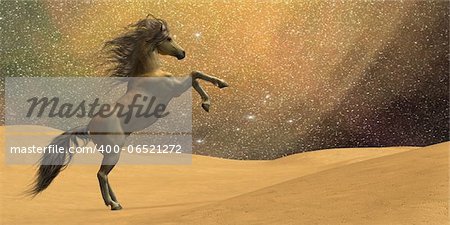 A stallion rears in a desert underneath a night sky full of stars.