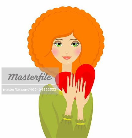 Vector portrait of red hair woman with heart in her hands