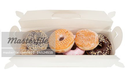 An open white box contaning various donuts isolated on white.