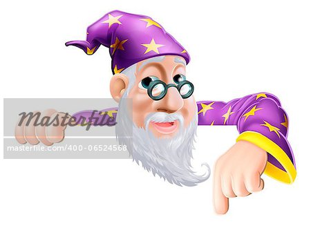 An illustration of a cute friendly old wizard character above a sign or banner pointing down at it
