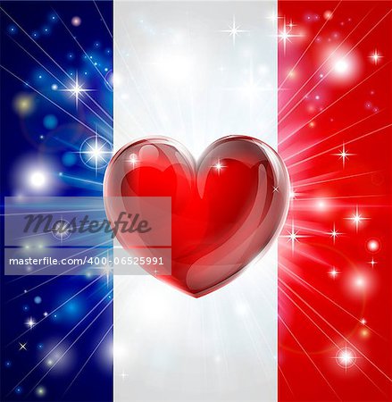 Flag of France patriotic background with pyrotechnic or light burst and love heart in the centre