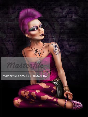 Pretty punk girl in pink sitting on the ground