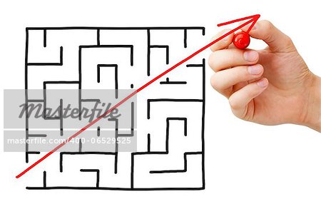 Shortcut cutted through a maze by a red arrow. Concept about finding a simple solution to a problem or completing a difficult task.