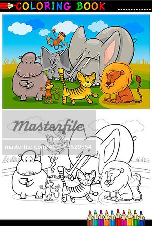 Cartoon Illustration of Funny African Wild Animals like Elephant, Hippo, Lion and Monkey for Coloring Book or Coloring Page