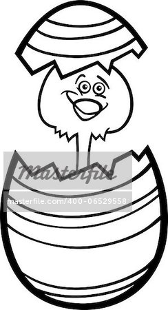 Black and White Cartoon Illustration of Funny Little Chicken or Chick in Colorful Eggshell of Easter Egg for Coloring Book