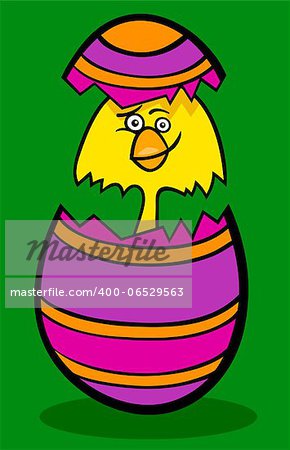 Cartoon Illustration of Funny Little Yellow Chicken or Chick in Colorful Eggshell of Easter Egg