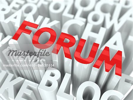 Forum Concept. The Word of Red Color Located over Text of White Color.