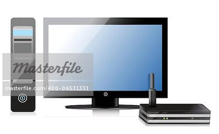 Wireless Router and computer illustration design over a white background