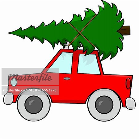 Cartoon illustration showing a car with a pine tree tied to its roof