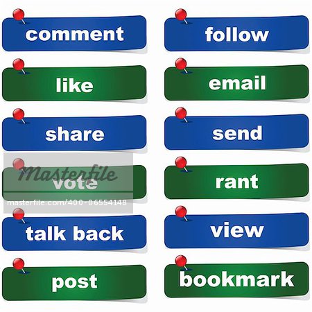 Collection of green and blue social media buttons with different calls to action